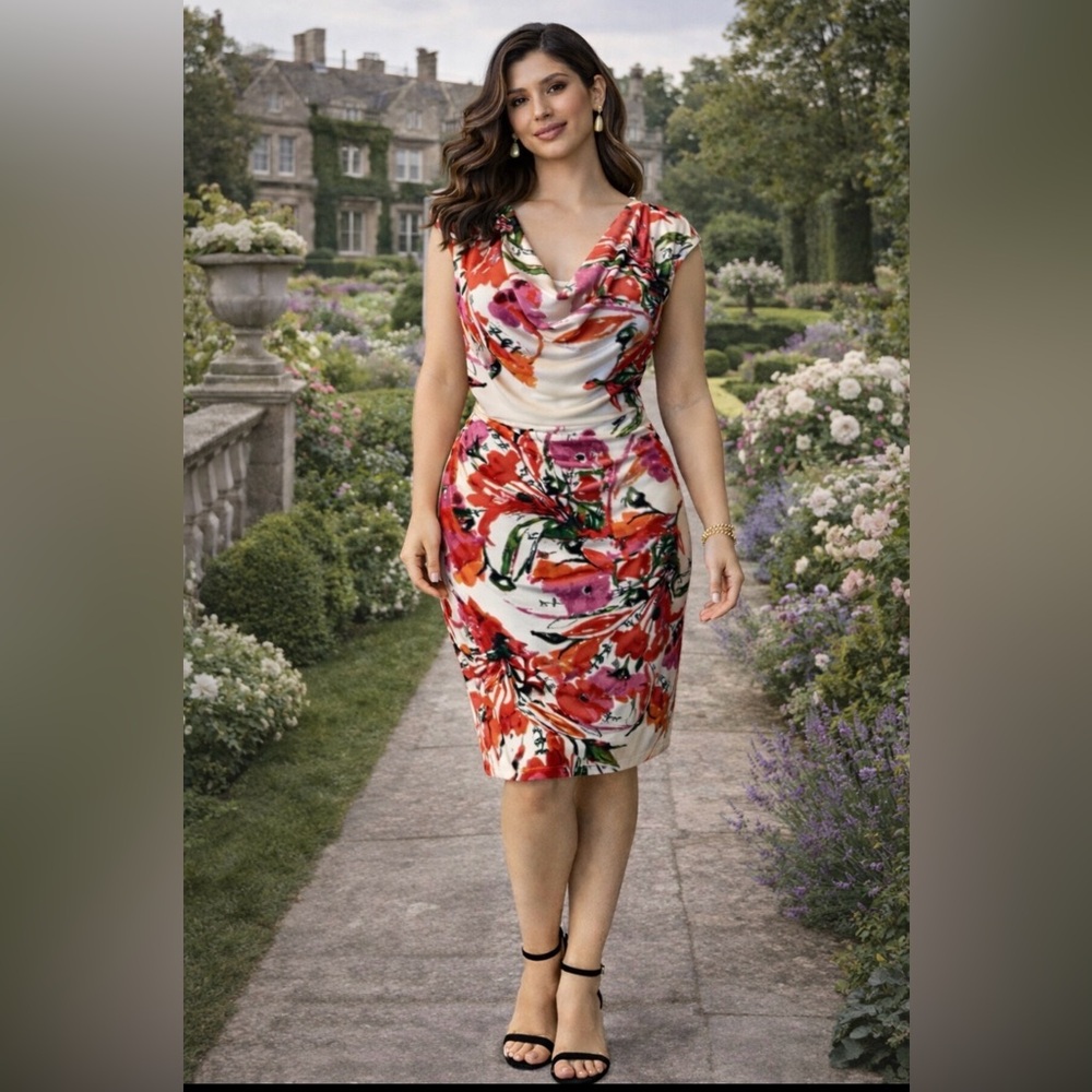 Ronni Nichole Dress 12 Floral Pink Red Ivory Sleeveless Sheath Washable NEW
